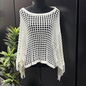Ashley Stewart open knit crochet, mid sleeve with fringe,scoop neck top